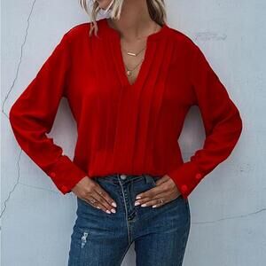 Women's Red Long Sleeve Pleated Blouse